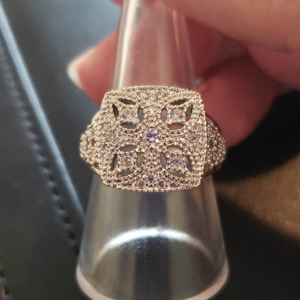 Ring, Vintage Inspired Art Deco Style, Cluster Of Gemstones In Shield Pattern S8 - Picture 2 of 7
